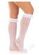 Leg Avenue Sweetheart Knit Knee Highs With Lace Ruffle Cuff - O/s - White